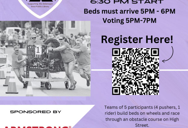 Zelienople Library Flyer for the 4th Annual Zelienople Bed Derby on June 26, 2025, includes event details, registration QR code, sponsor logo, and a photo of people pushing a wheeled bed in a race.