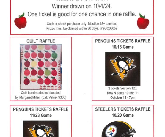 Zelienople Library ZelienAPPLE Raffles flyer with information on four raffles: Quilt, Penguins tickets for 10/18 and 11/23 games, and Steelers tickets for 10/20 game. Tickets are $10 each, winner drawn on 10/4/24.