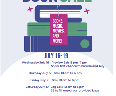 Zelienople Library Poster for Zelienople Area Public Library Book Sale, July 16-19, featuring books, music, and movies, with sale hours, entry fees, and support information.