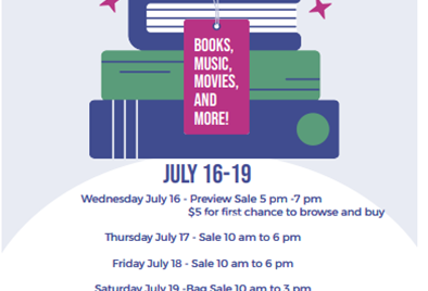 Zelienople Library Poster for Zelienople Area Public Library Book Sale, July 16-19, featuring books, music, and movies, with sale hours, entry fees, and support information.