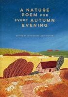 Zelienople Library Book cover of “A Nature Poem for Every Autumn Evening” featuring an illustrated countryside scene with a house, trees, and a winding path under a starry sky.